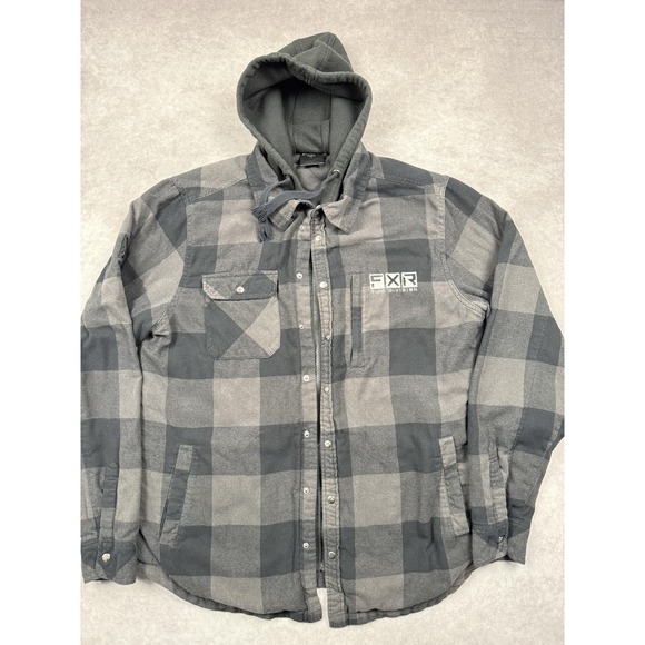 FXR Ride Division Jacket Mens Large Black Hooded Flannel Snowmobile Shacket - Picture 1 of 16
